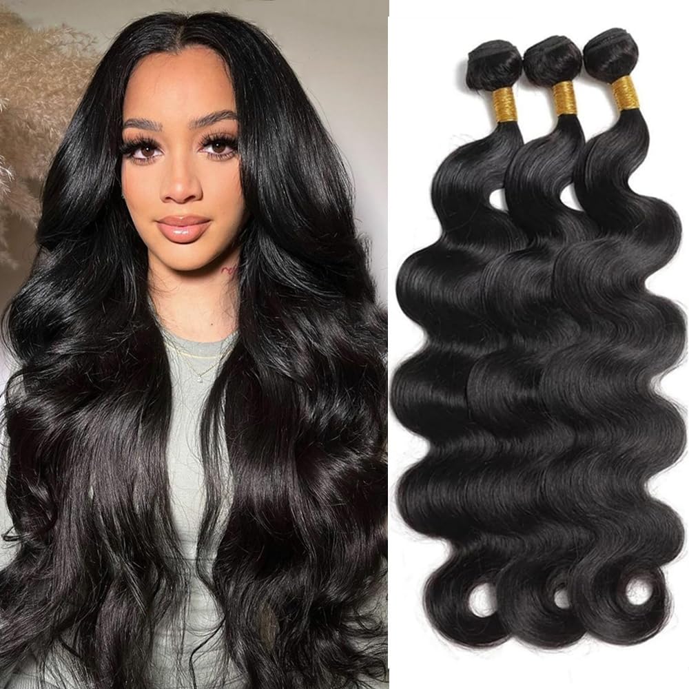 12A Body Wave Bundles Human Hair 16 18 20Inch Human Hair 3 Bundles 100% Unprocessed Brazilian Virgin Hair Body Wave 3 Bundles Human Hair Double Weft Weave Real Human Hair Bundles Natural Black
