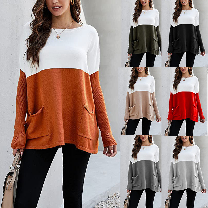 2023 Autumn-Winter Color Block Knit Sweater with Pockets