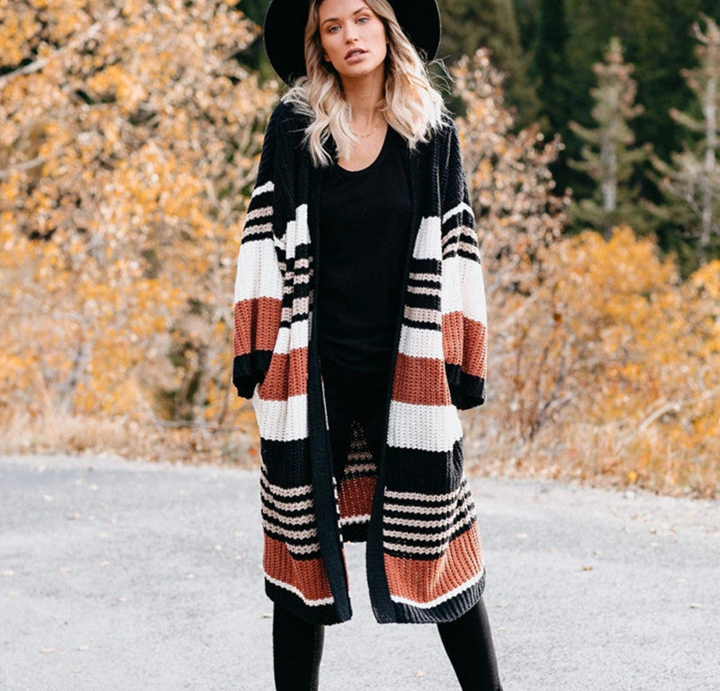 2020 Fall Winter Women's Striped Color Block Cardigan