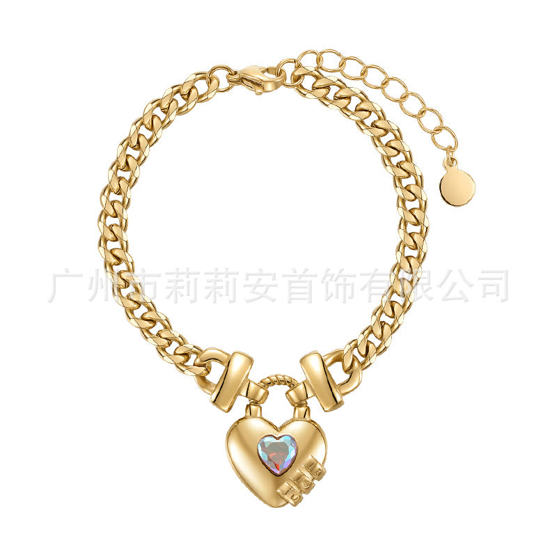 14K Gold Plated Titanium Heart Lock Pendant Bracelet