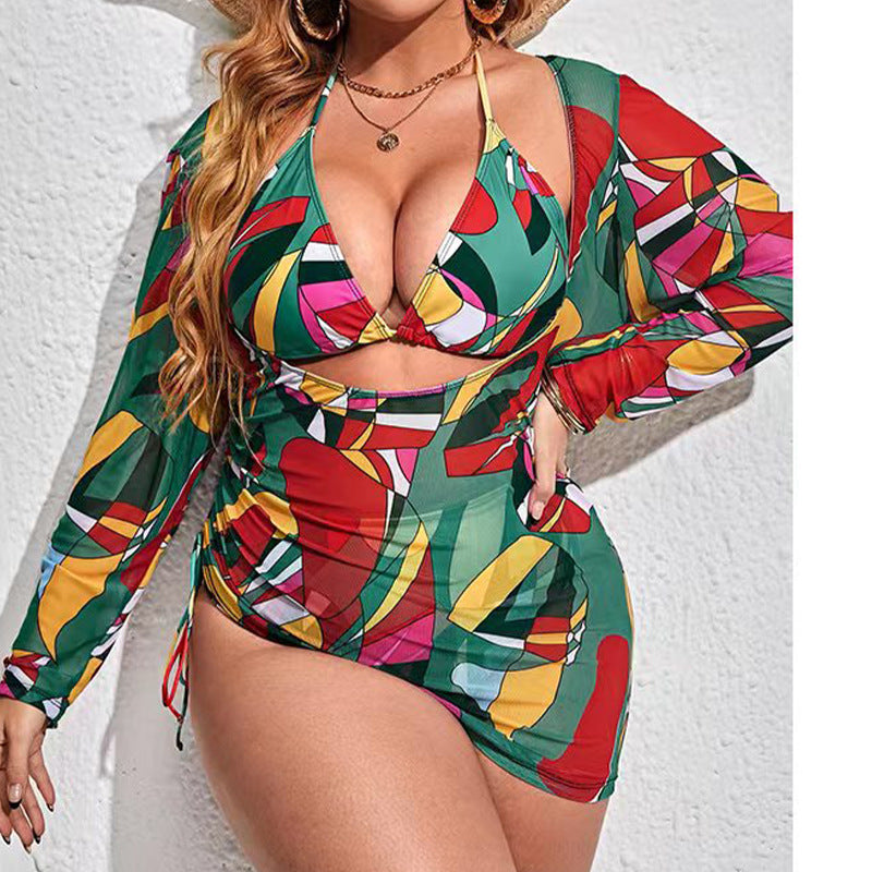 3-Piece Women's Bikini Set with Long Sleeve Cover-Up