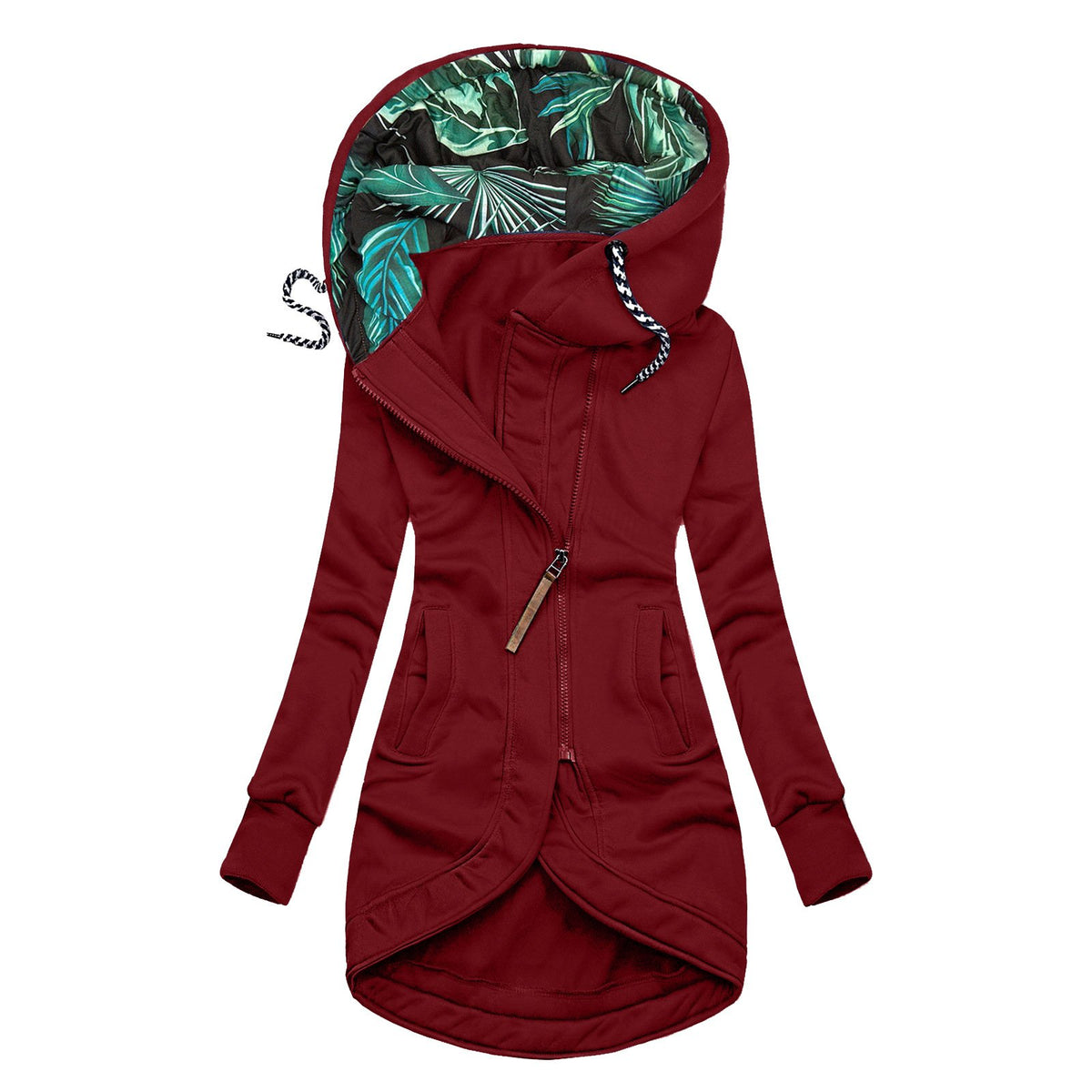 Solid Color Printed Hooded Long Sleeve Jacket