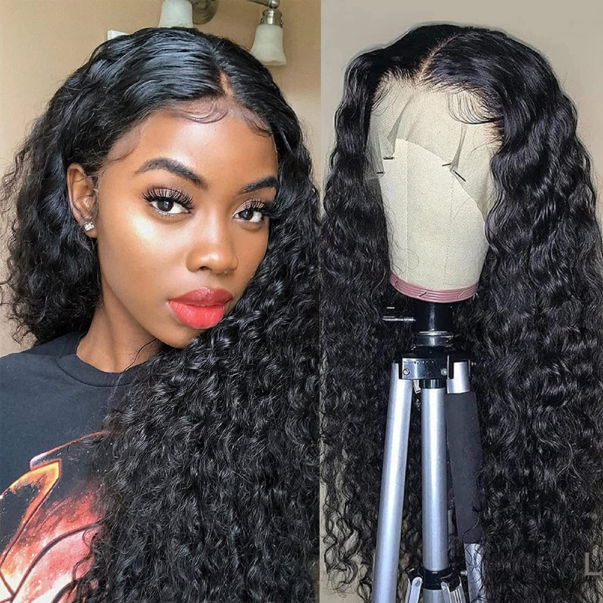 13x4 Lace Front Wigs Human Hair Lace Frontal Wigs Human Hair Deep Curly Human Hair Wig For Women Deep Wave Lace Frontal Wigs Human Hair 200% Density HD Transparent Pre Plucked (B-deep-13x4 22inch)
