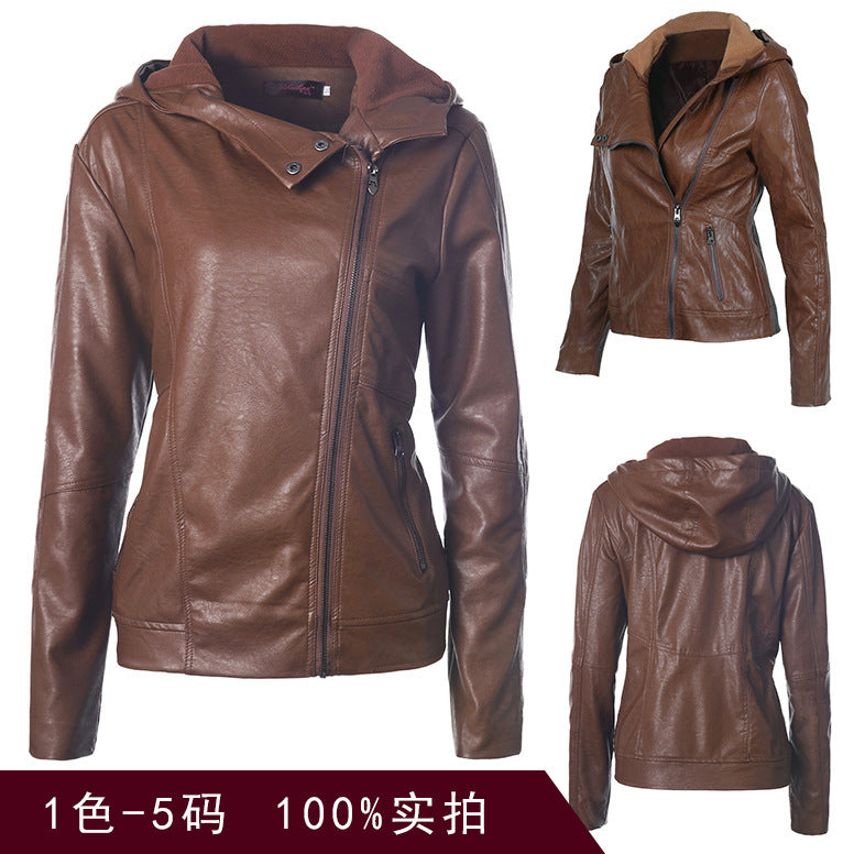 Women's Hooded Long Sleeve Solid Color PU Leather Jacket