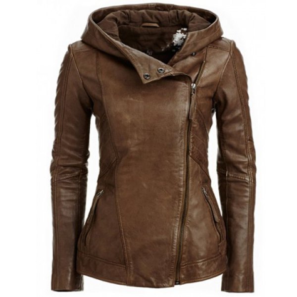 Women's Hooded Long Sleeve Solid Color PU Leather Jacket