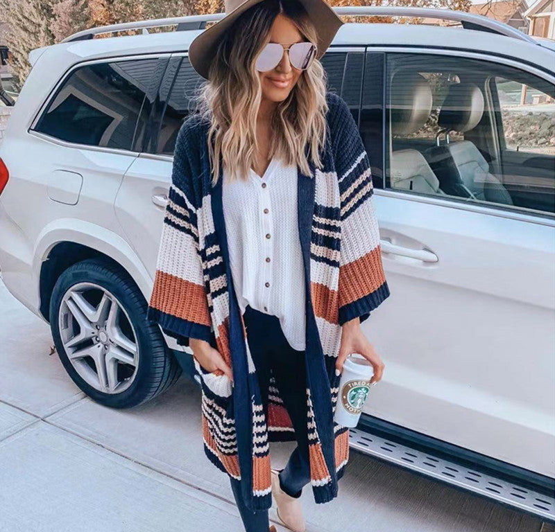 2020 Fall Winter Women's Striped Color Block Cardigan