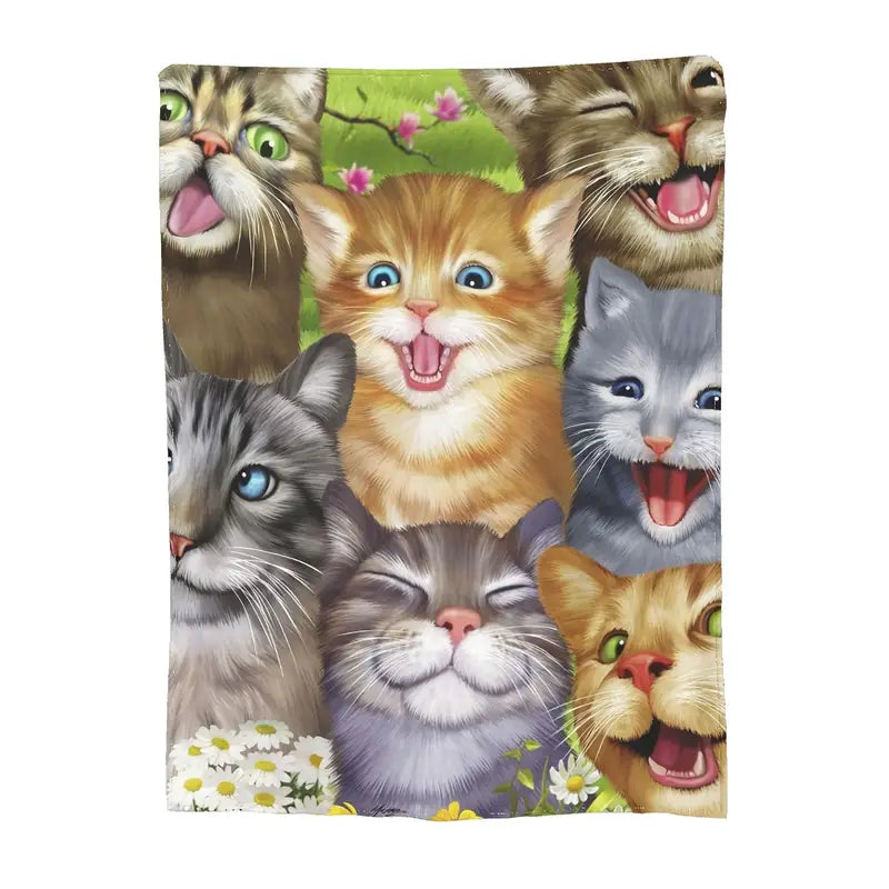 Cartoon Cat Pattern Flannel Throw Blanket (1pc)