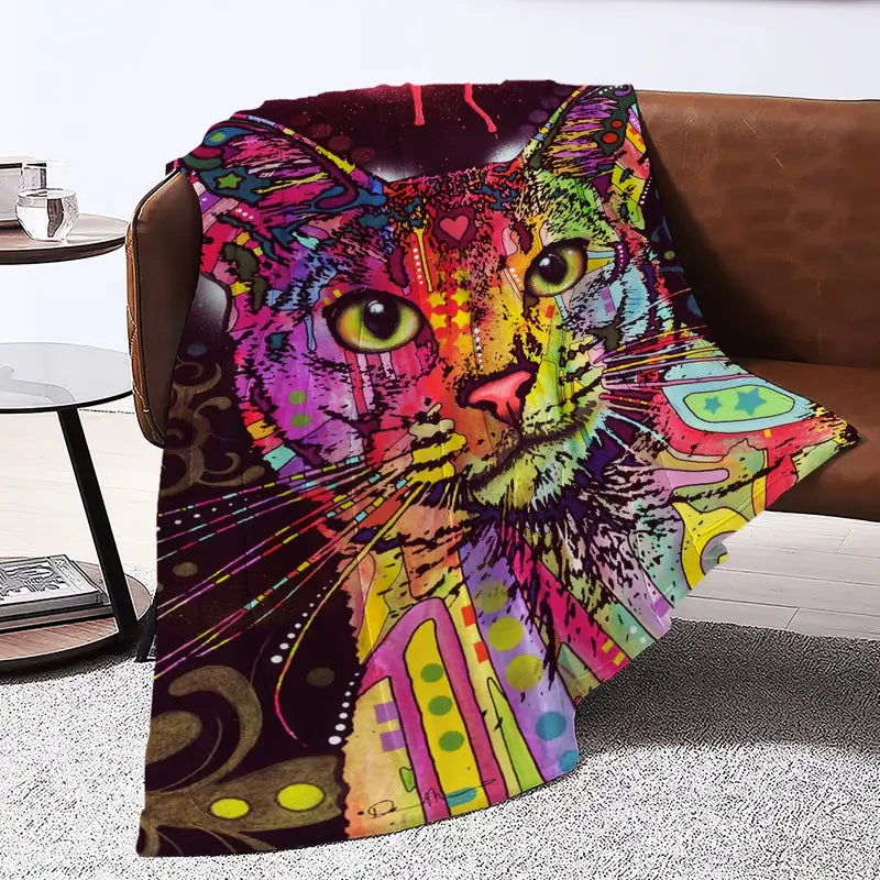 Fleece Blanket with Graffiti Cat Design for Sofa Bed