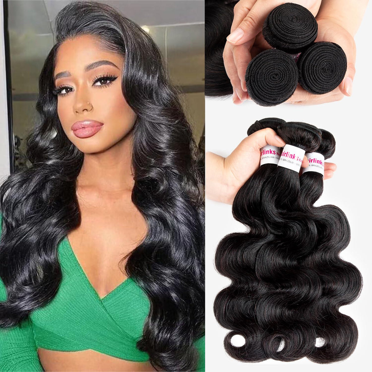 12A Body Wave Bundles Human Hair 16 18 20 inch Brazilian Virgin Human Hair Bundles 100% Unprocessed Human Hair Body Wave Weft Extensions Weave Natural Black
