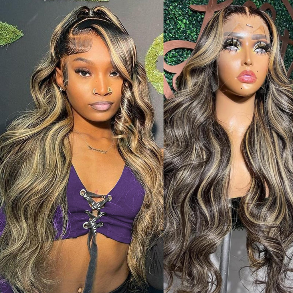 28 Inch 13x6 Ombre Lace Front Wig Human Hair Pre Plucked 1B/27 Highlight Blonde Lace Front Wigs Human Hair Body Wave HD Lace Frontal Wigs 180% Density Balayage Blonde Wig Human Hair Pre Plucked