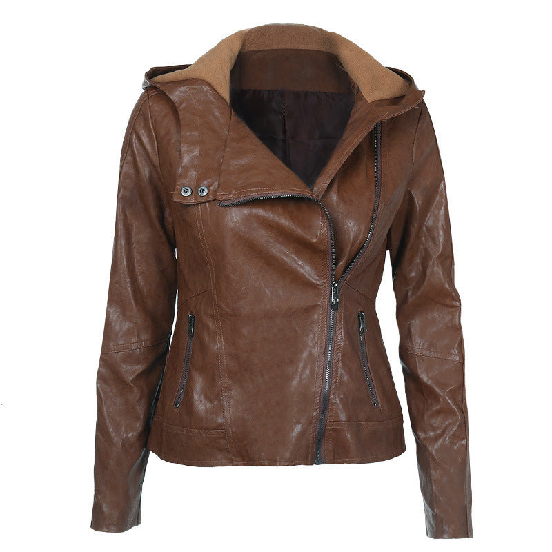 Women's Hooded Long Sleeve Solid Color PU Leather Jacket