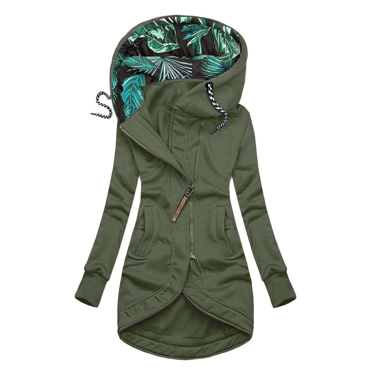 Solid Color Printed Hooded Long Sleeve Jacket