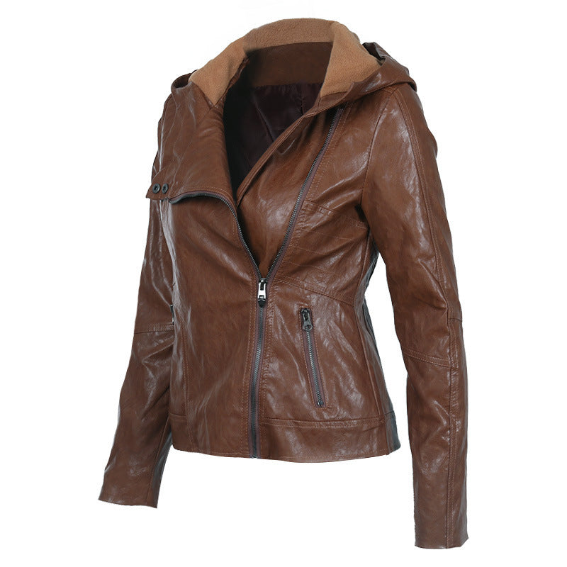 Women's Hooded Long Sleeve Solid Color PU Leather Jacket
