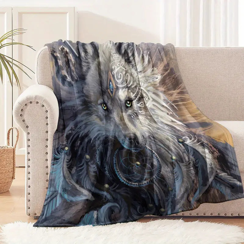 Mysterious White Wolf Pattern Flannel Blanket (1pc)