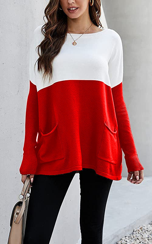 2023 Autumn-Winter Color Block Knit Sweater with Pockets