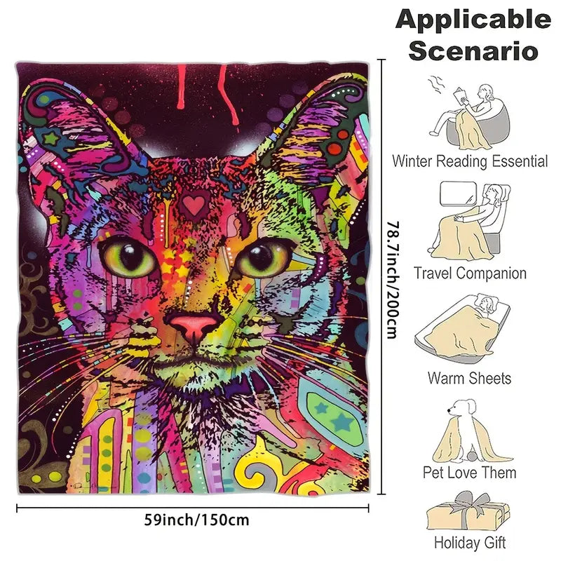 Fleece Blanket with Graffiti Cat Design for Sofa Bed