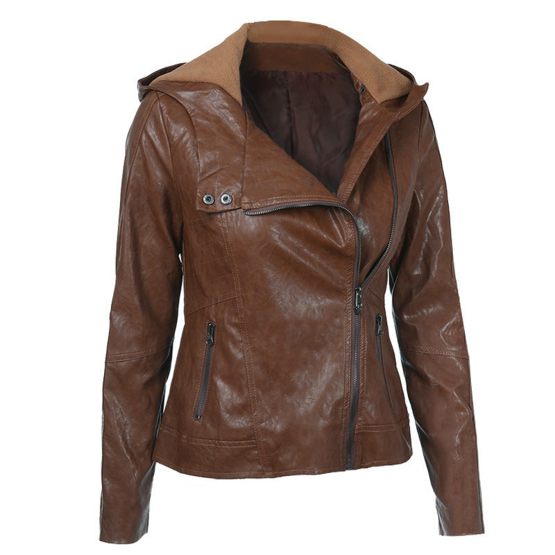 Women's Hooded Long Sleeve Solid Color PU Leather Jacket