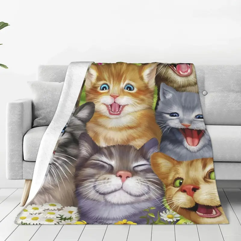 Cartoon Cat Pattern Flannel Throw Blanket (1pc)