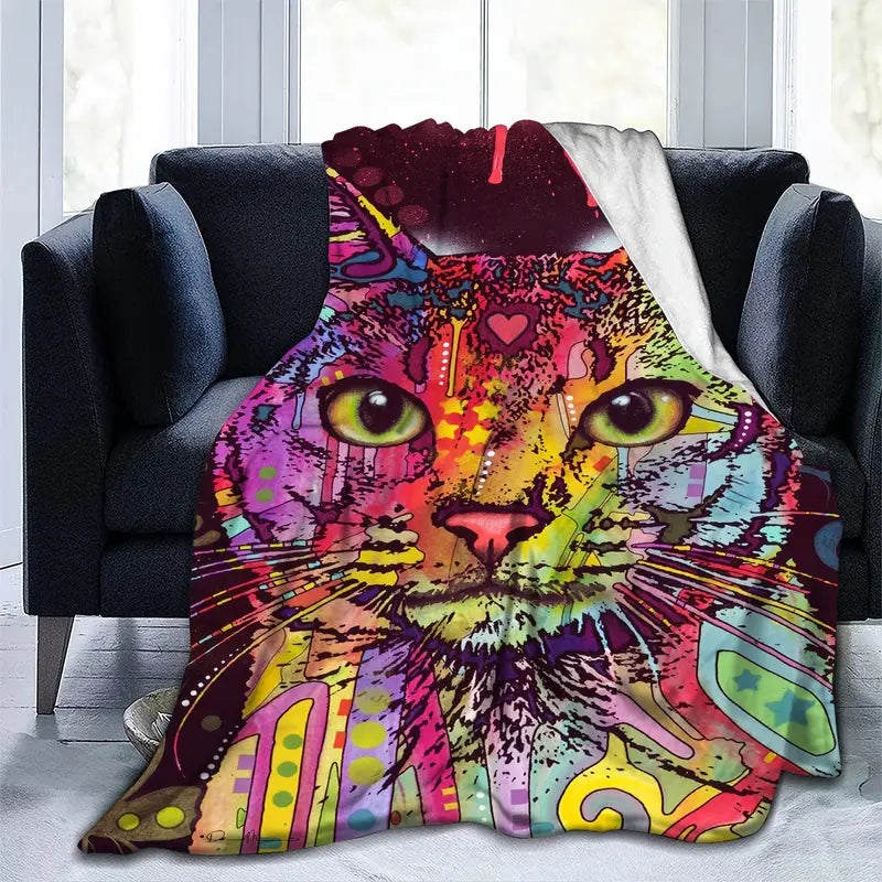 Fleece Blanket with Graffiti Cat Design for Sofa Bed