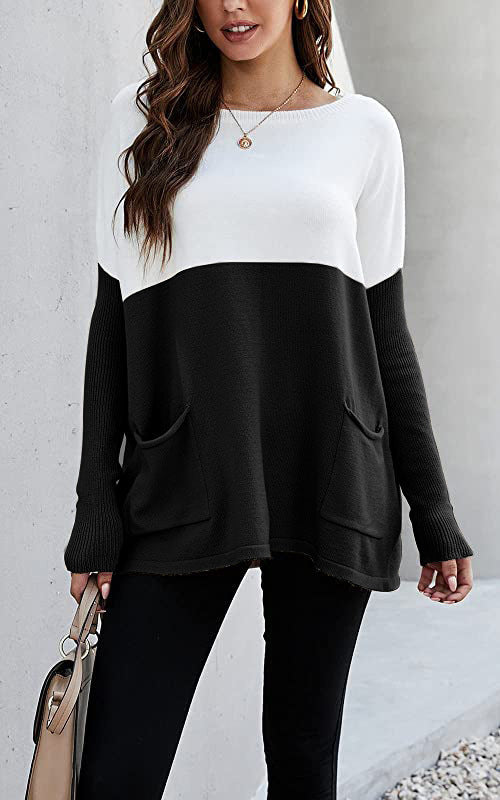 2023 Autumn-Winter Color Block Knit Sweater with Pockets