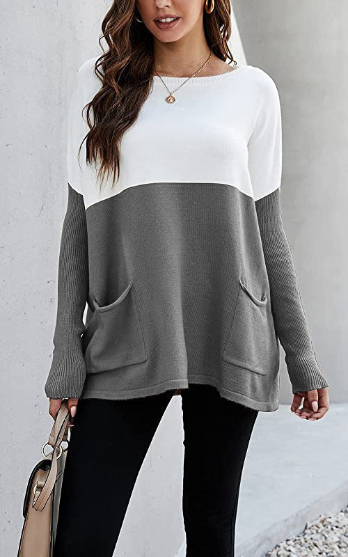 2023 Autumn-Winter Color Block Knit Sweater with Pockets